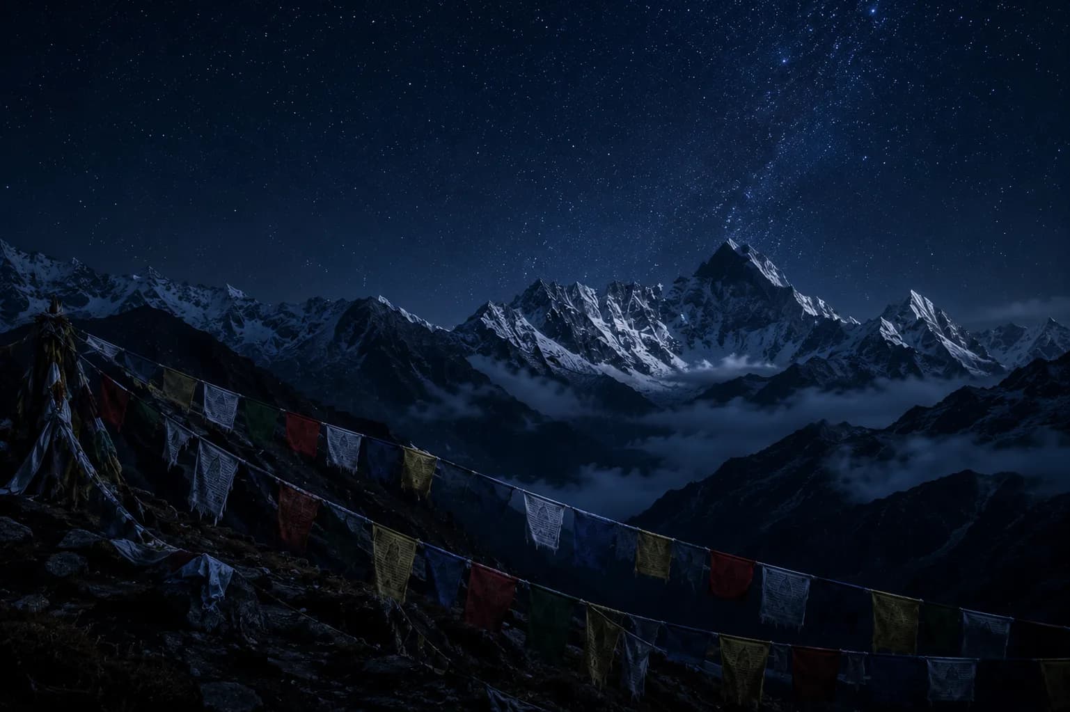 Prayer flags in front of Ama Dablam in Nepal